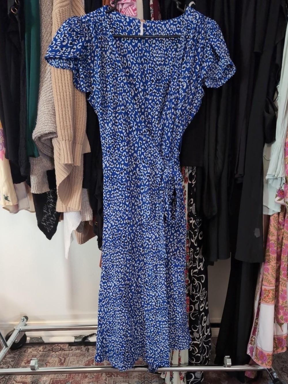 Free People Blue and White Leopard-Print Midi Wrap Dress